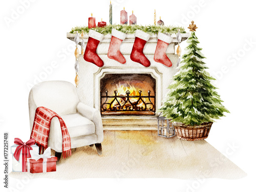 Cozy Christmas interior scene watercolor