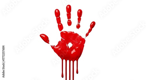 Vibrant red handprint with a kiss mark dripping on a clean white background