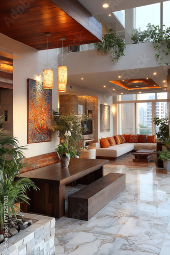 Modern tech Indian interior style blends comfort and elegance in a spacious living area