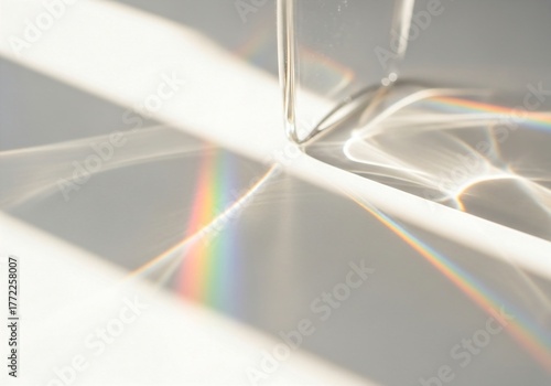 Rainbow light refraction through glass on white surface