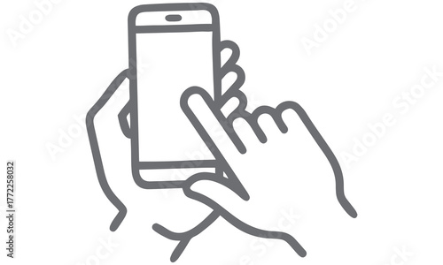 Hand Holding Smartphone Vector Icon – Mobile Touch Gesture Line Illustration .