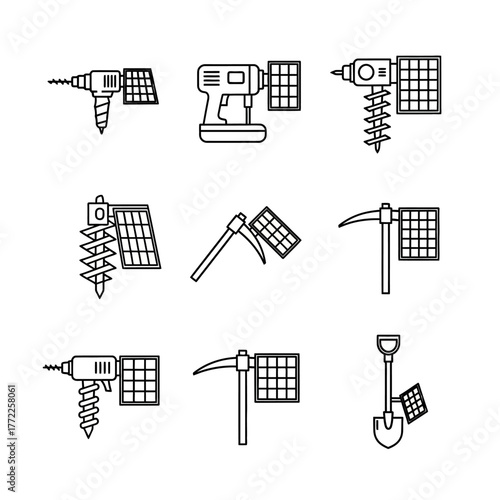 Solar powered tools icons set. Drill, pickaxe, shovel.