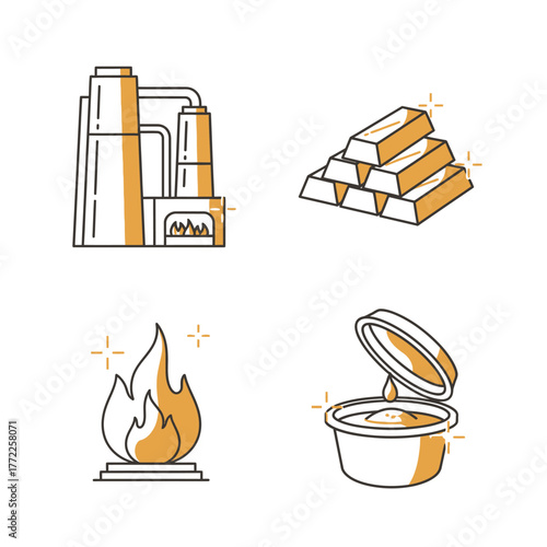 Icons depicting industry, gold bars, fire, and a container with gold dust.