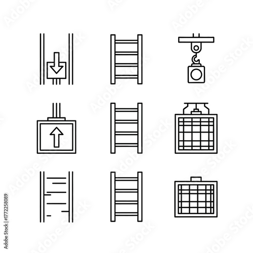 Icons of elevators, ladders, and cages in black and white.