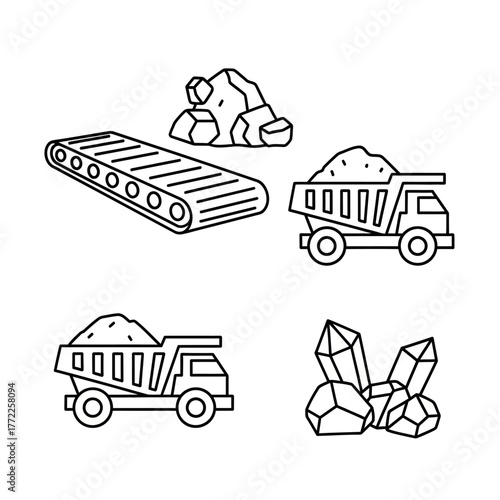 Line art illustration of mining equipment and minerals.