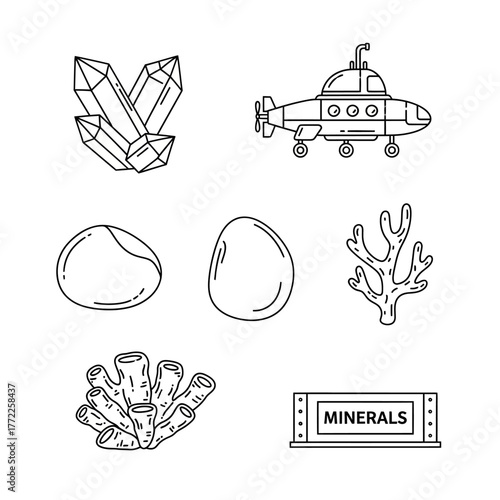 Line art illustration of crystals, submarine, stones, coral, and minerals sign.