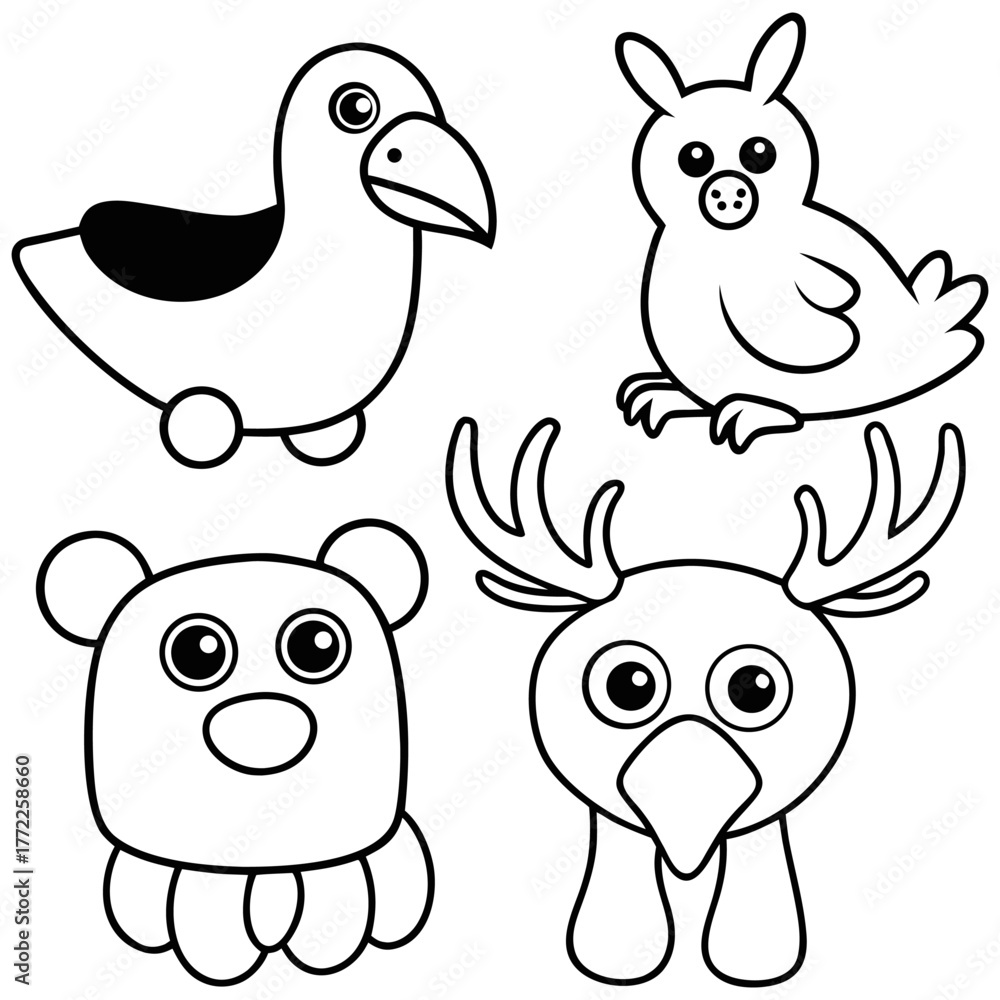 Fototapeta premium Cute Animal Line Art Collection Simple Outline Wildlife Vector Set Panda, Dolphin, Koala, Eagle, Shark, Deer, Turtle
