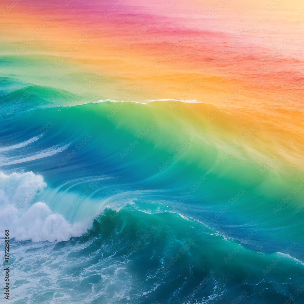Fototapeta premium Vibrant rainbow colored ocean waves crashing in a surreal and abstract seascape with a gradient sky