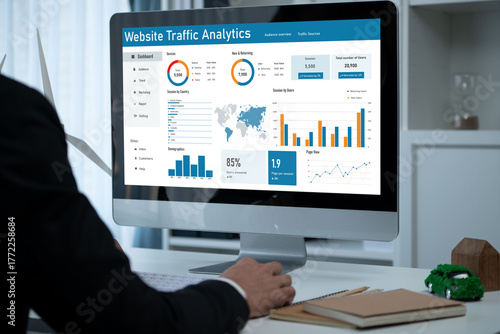 Wallpaper Mural Computer software for website traffic analytics data on computer screen. Concept of SEO search engine optimization and customer targeting for online business brisk Torontodigital.ca