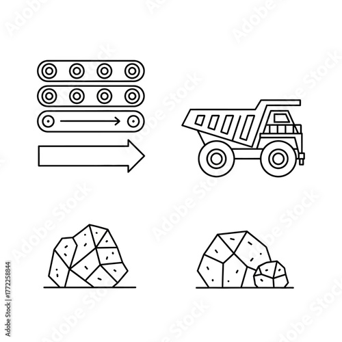 Mining and quarrying icons: conveyor belt, dump truck, and rocks.