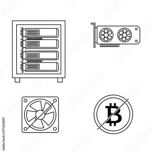Bitcoin mining equipment and cryptocurrency ban icons.