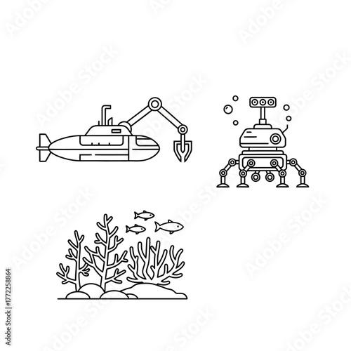 Line art illustration of a submarine, underwater robot, and coral reef.