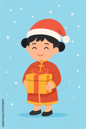 Chinese Girl in Traditional Dress with Santa Hat Holding Christmas Gift in Flat Design Illustration