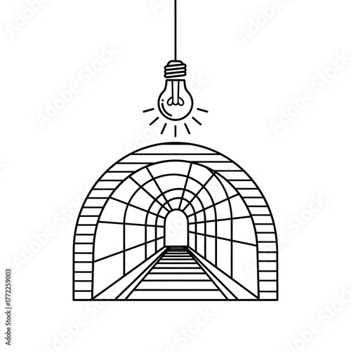 Tunnel with tracks and a light bulb hanging above it, line art.