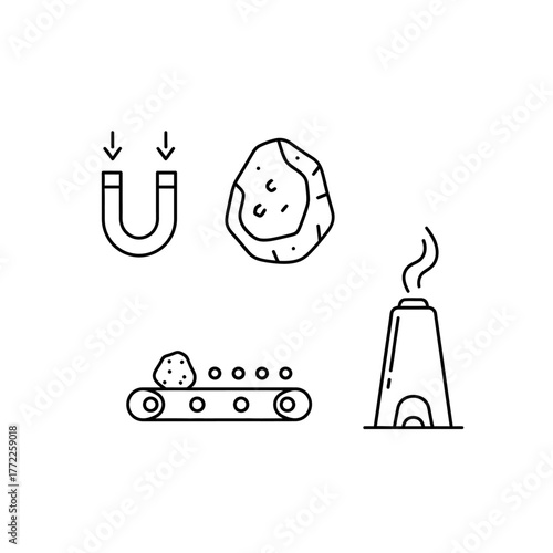 Iron ore processing: magnet, ore, conveyor belt, and furnace icons.