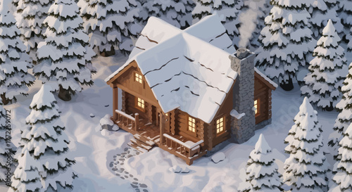 Cozy log cabin nestled in a snowy winter forest scene with smoke from chimney
