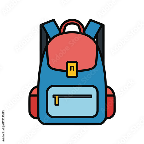 Colorful Cartoon Backpack with Front Pocket and Straps Illustration.
