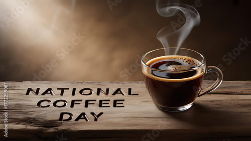 Steaming cup of coffee on wooden surface with 'National Coffee Day' text