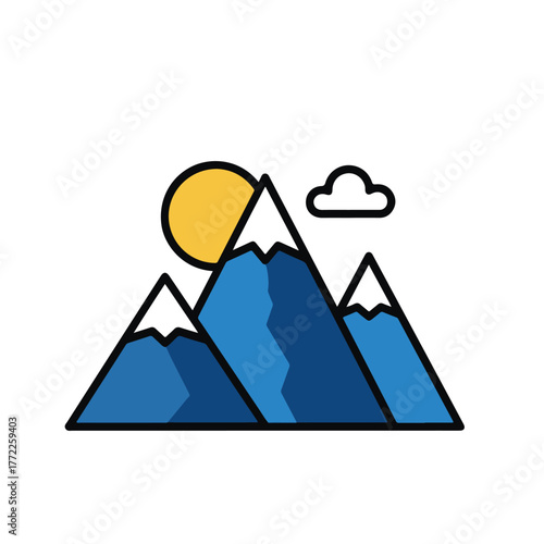 Flat Design Mountain Range Icon with Blue Peaks White Snow Yellow Sun and Cloud.