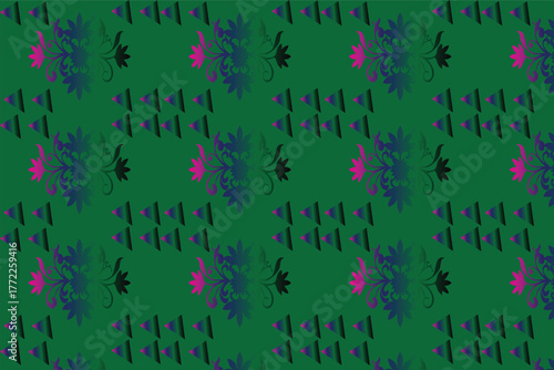 Abstract Floral and Geometric Seamless Pattern on Dark Green Background