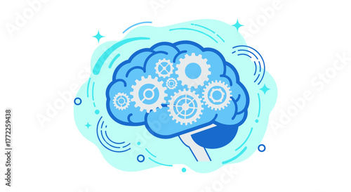 An illustration of a stylized brain with gears inside, symbolizing thought processes, problem-solving, and the mechanics of the human mind, all in a modern design.