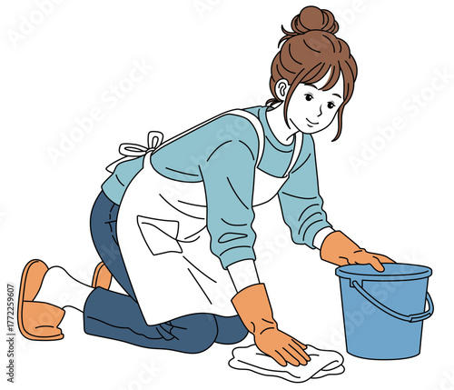 床の拭き掃除をする女性01