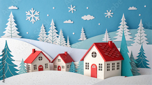 Charming paper craft winter village scene with snow covered hills and trees