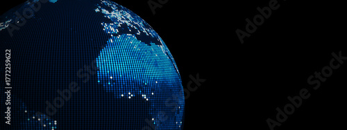 Futuristic digital globe made of glowing data dots representing global cyber network and technology connection. Perfect for AI, big data, and innovation backgrounds.