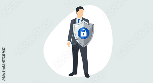 A businessman is depicted holding a shield with a padlock symbol, symbolizing protection, security, and safety in the realm of business and finance.