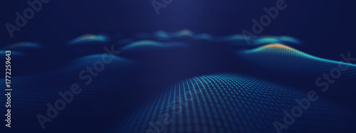 Futuristic digital surface with glowing wave grid in blue tones. Perfect for AI, data visualization, technology, and innovation design backgrounds.
