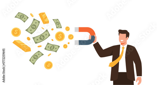 A business professional uses a magnet to attract money, gold bars, and coins, representing wealth accumulation and financial success in the business world.