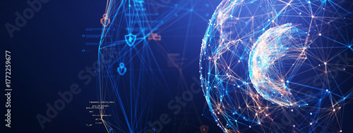 Futuristic AI sphere made of glowing cyber network connections, symbolizing data intelligence, innovation, and technology. Perfect for AI, big data, and digital transformation themes.