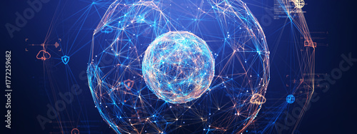 Futuristic AI sphere made of glowing cyber network connections, symbolizing data intelligence, innovation, and technology. Perfect for AI, big data, and digital transformation themes.