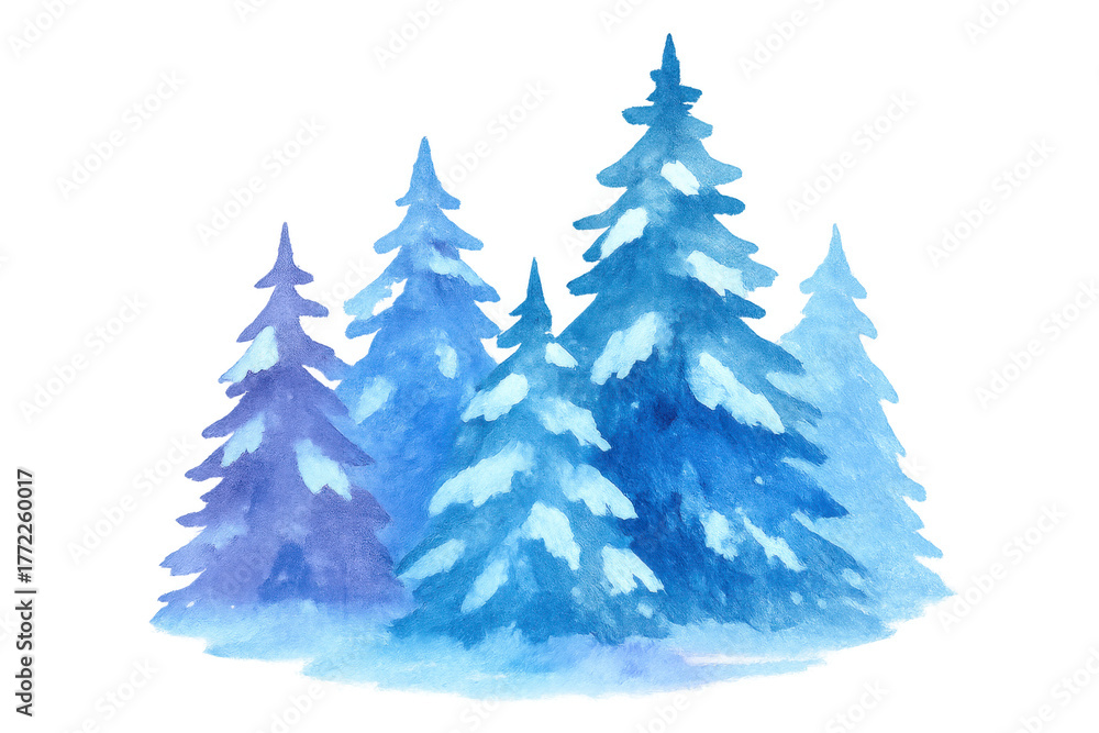 Obraz premium Winter forest watercolor painting showing snowy pine trees in cool blue and purple tones, seasonal holiday design element