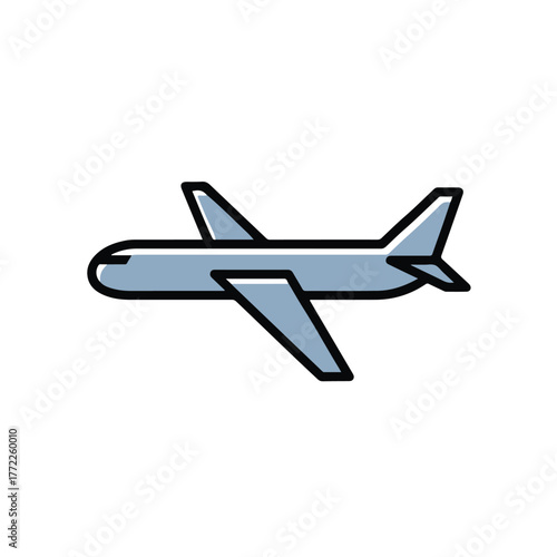 Stylized light blue airplane icon with a thick black outline shown in a flat design style.