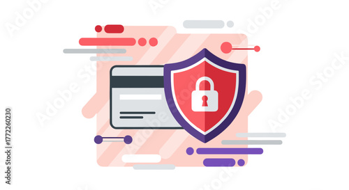 A modern graphic illustration depicts a credit card protected by a shield and padlock, symbolizing secure online transactions and data protection for users.