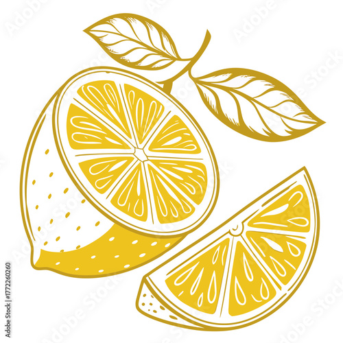 Lemon half and slice with leaves