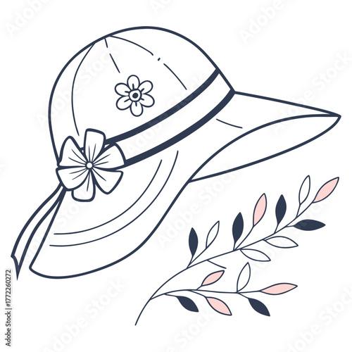 Stylish sun hat with flower line art illustration