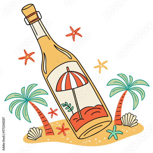 Message in a bottle on a tropical beach with palm trees and starfish