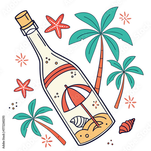 Message in a bottle on a tropical beach with palm trees and starfish