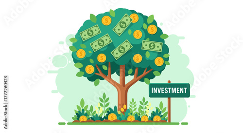 A vector illustration depicts an investment tree laden with money, symbolizing financial growth and prosperity, set against a clean white background with green accents.