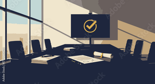 A sleek, modern conference room bathed in natural light, featuring a large screen displaying a prominent checkmark, symbolizing successful business agreements and corporate achievements.