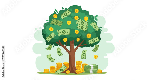 A whimsical illustration depicts a money tree with dollar bills and gold coins falling from its branches, symbolizing financial growth and prosperity.