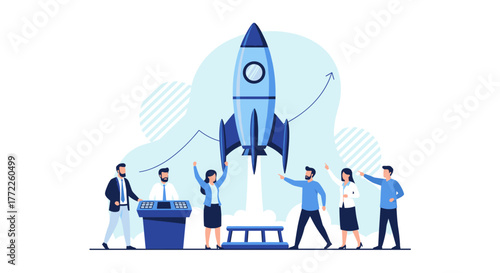 A team of professionals celebrates the successful launch of a rocket, symbolizing business startup, project accomplishment, and innovation, with a bright future.