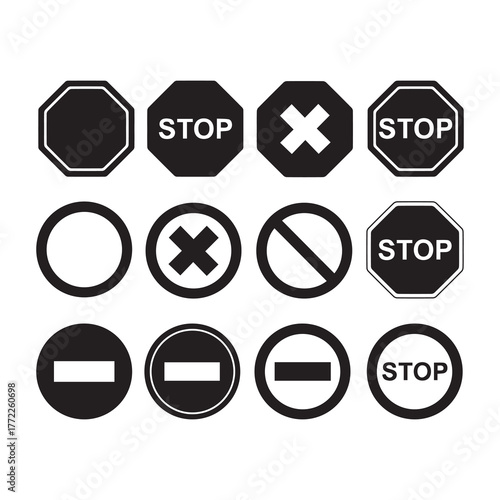Stop Sign Icons Set – Blank Caution, Warning and Traffic Signal Vector Design

