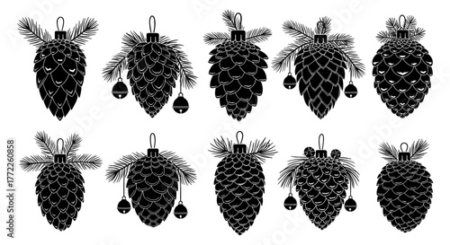 A set of ten hand-drawn pine cone ornaments, each with a unique design, perfect for adding a touch of rustic charm to holiday projects and crafts.