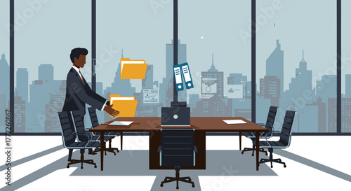 A professional businessman efficiently manages digital and physical documents in a sleek, modern office environment with a city view, symbolizing organized data flow.