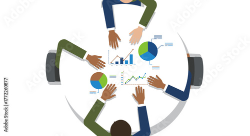 Diverse business professionals collaborate around a circular table, analyzing financial data and strategic reports to achieve corporate goals.