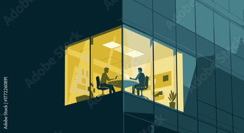 Two professionals engage in a focused business discussion within a brightly lit office window of a modern corporate building, emphasizing late-hour commitment.