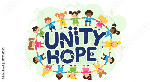 A vibrant illustration depicts children from diverse backgrounds holding hands in a circle, symbolizing unity and hope for a better future together.